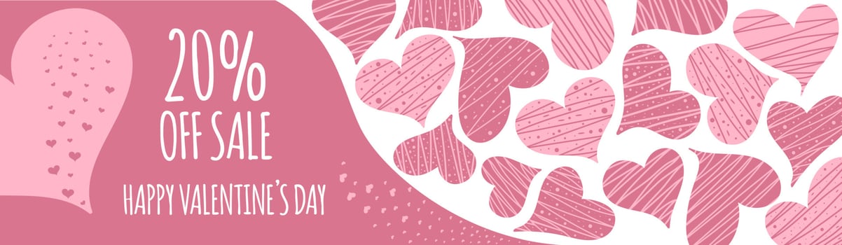 Valentine's Day Sale. Banner or poster with many pink hearts. Hand drawn vector illustration, EPS10.