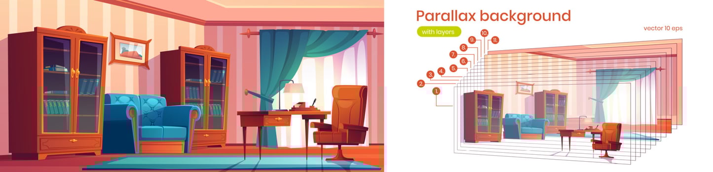 Luxury cabinet parallax background 2d cartoon room vector