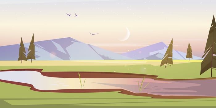 Early morning cartoon scenery landscape, meadows vector