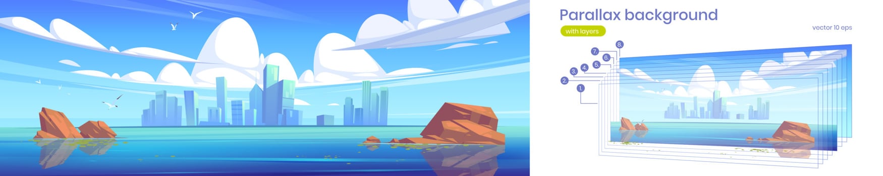 Parallax background with lake and city on skyline vector