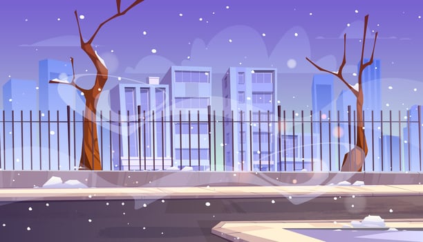 City street with snow and fence in winter vector