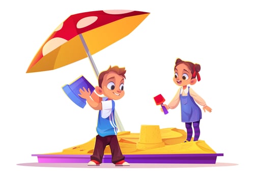 Children playing in sand box, kids building castle vector