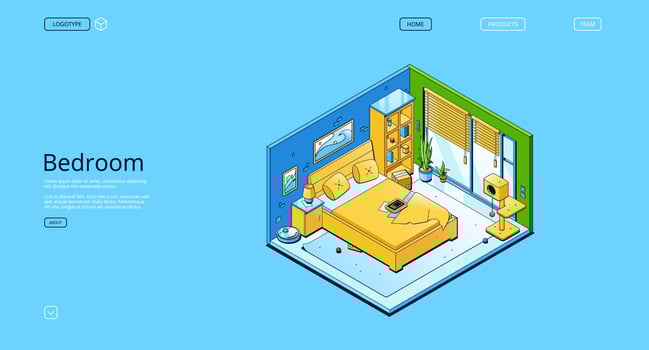 Bedroom isometric landing page, home interior vector