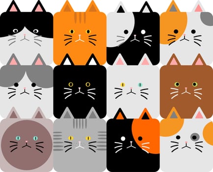 Cartoon illustration of cute cats and kitten characters. Set of cute character cats, pet animal collection. Cat vector breeds cute pet animal set illustration. Different type of vector cats.