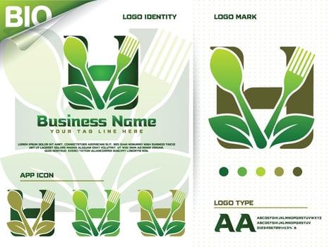 Healthy food letter H logo design with creative green leaf vector