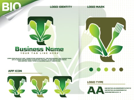 Healthy food letter T logo design with creative green leaf vector