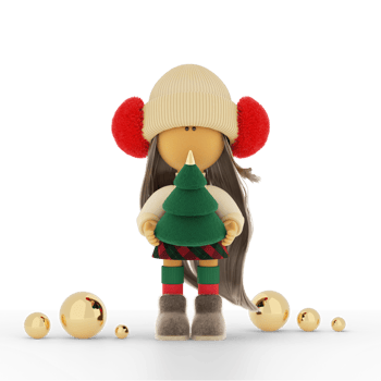 Cute blond rag doll with a felt Christmas tree and golden balls png