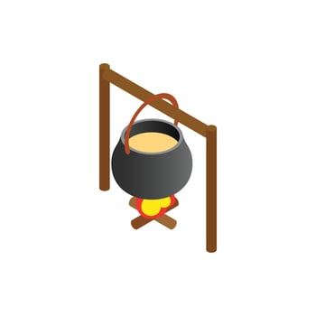 Pot of food over an open fire isometric 3d icon vector