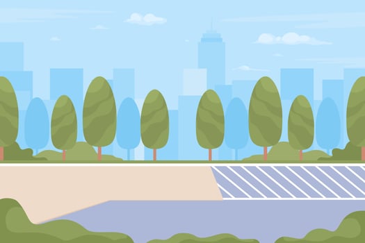 Roadside trees flat color vector illustration. Public place. Summertime. Skyscrapers and buildings. City infrastructure. Fully editable 2D simple cartoon cityscape with park on background