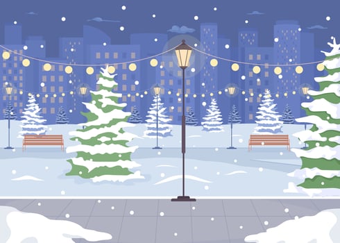 Night winter park with street light flat color vector illustration. Xmas holiday celebration. Wonderland scene. Fully editable 2D simple cartoon cityscape with Christmas scenery on background