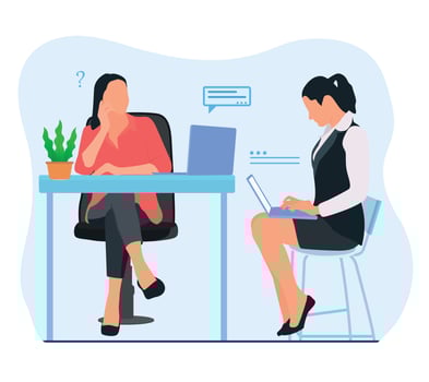Young woman and girl sitting on the chair working with laptop in the table. Woman is thinking about developing business idea, vector flat style illustration.