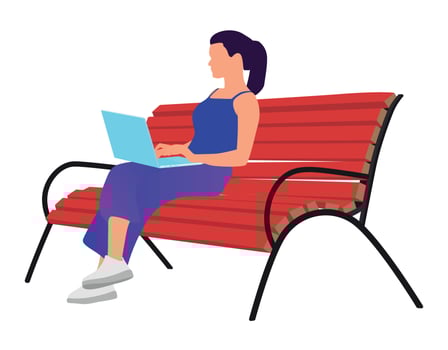 Freelancer woman working with laptop sitting on the bench in the park flat vector illustration
