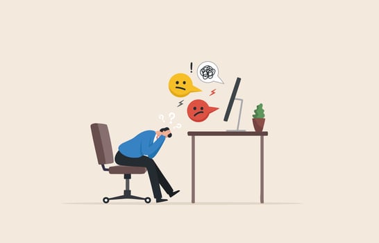 Negative Emotions in the Workplace.  Employees feelings. protect yourself emotionally at work.  social media anxiety. Toxic at work. businessman holding his head sitting alone on the chair. vector