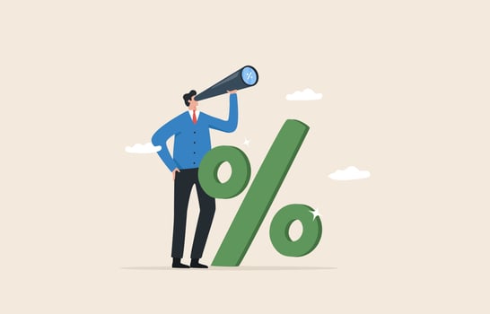 Profit from raising interest rates or investing. Fed interest rate hike policy. A businessman looking through a telescope standing beside a percentage sign. vector