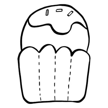 Black line cupcakes on white background. Hand drawn cartoon style. Doodle for coloring, decoration or any design. Vector illustration of kid art.