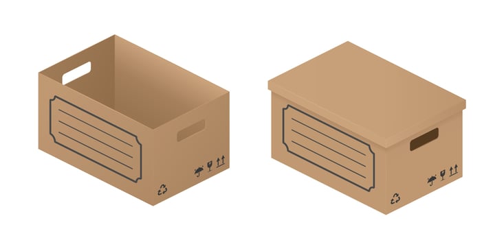 Isometric Cardboard box Isolated, Realistic. Open and closed brown carton cardboard box with a lid, holes and a place for an inscription. Relocation, Moving, Retirement vector