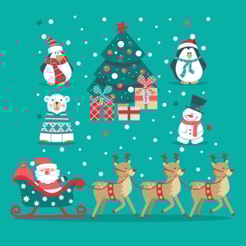 Christmas set with tree penguin polar bear snowman reindeer and Santa vector
