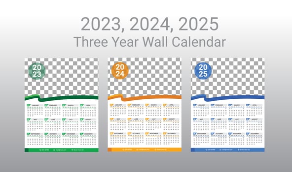 2023, 2024, 2025, Three Year Calender One Page Vector