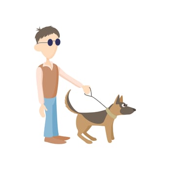Blind man with dog guide icon, cartoon style vector