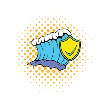 Blue tsunami wave and yellow shield with tick icon vector