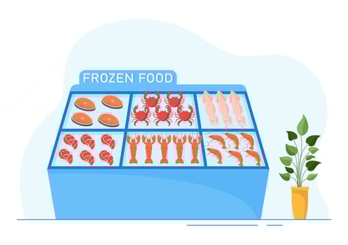 Frozen Food Store with Products Vacuumed using Foil and Pouch Packaging to be Fresh in Hand Drawn Cartoon Template Illustration vector