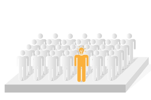 Selection of smart people. leadership with new ideas. human row on stage with light bulb icon. copy area. vector illustration