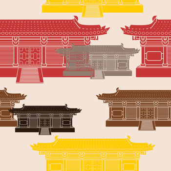 Editable Flat Monochrome Style Wide Traditional Chinese Building Vector Illustration in Various Colors as Seamless Pattern for Creating Background of Oriental History and Culture Related Design