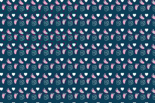 Minimal repeating pattern decoration for childish background. Kid's book cover and bed sheet pattern decoration with love and foot shapes. Seamless childish pattern design on a dark background. vector