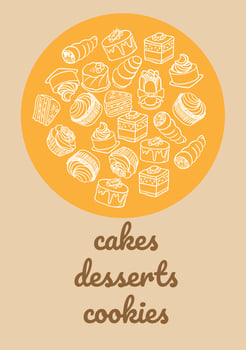 Poster vector template with cakes. Advertising for bakery shop or cafe.