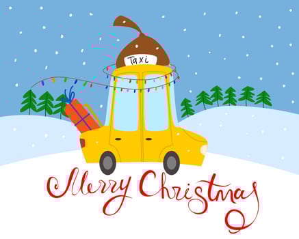 Merry Christmas greeting card. A yellow Christmas taxi with a tree and gifts is driving down the road. vector
