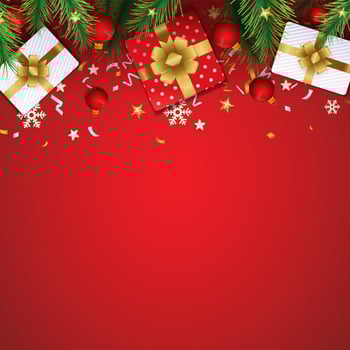 Merry Christmas and Happy New Year. Christmas background with decorations and gift boxes vector
