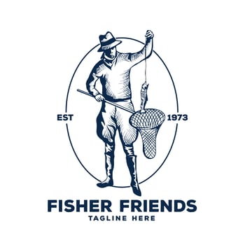 Vintage Fisherman vector illustration logo design, perfect for fishing club logo
