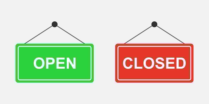 Open door and closed door signs in flat design style isolated on background. vector