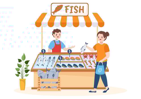 Fish Store to Market Various Fresh and Hygienic Products Seafood in Flat Cartoon Hand Drawn Templates Illustration vector