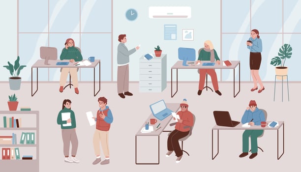 Company employees freezing in the office. People freezing at work. Men and women wearing warm informal clothes at work. Workers wearing hats and scarves in the office. Saving energy, economy. vector
