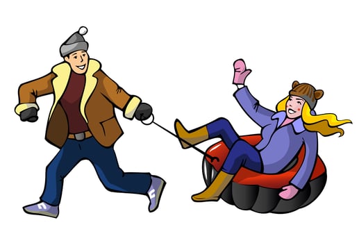 Man pulling a woman on the sleigh. Winter activity. Tubing ride.  Flat vector illustration.