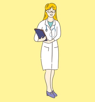 Female doctor with stethoscope and documents isolated. Flat vector illustration. Medicine. Nurse.