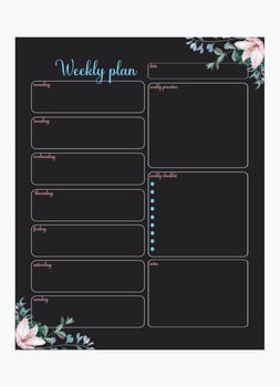 Weekly Planner With Flower In Black Background vector