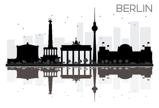 Berlin City skyline black and white silhouette with reflections. vector