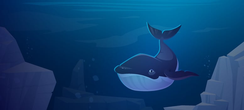 Blue whale swim in ocean space with rocks around vector