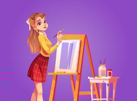 Girl painter draws on canvas with brush vector