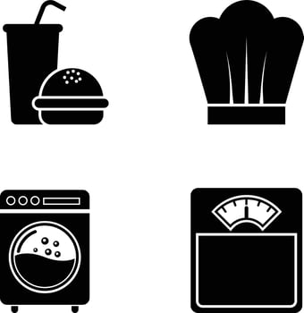 Soft drink and Burger. Chet Hat, Washing Machine and Weight Weighing Scale Icon Set vector