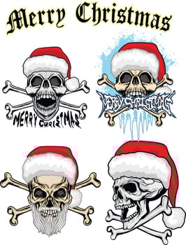 set Xmas sign with skull in hat of Santa Claus, grunge vintage design t shirts vector