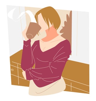 short hair woman drinking coffee in kitchen. hot drink, tea, milk. morning theme, work, breakfast, etc. flat vector illustration