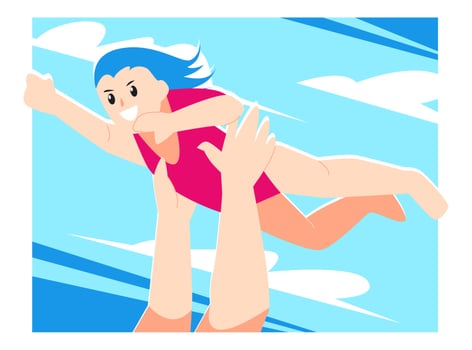 little girl is being lifted up by the hand of parent. happy child flying. sky background. family theme, children, etc. flat vector illustration