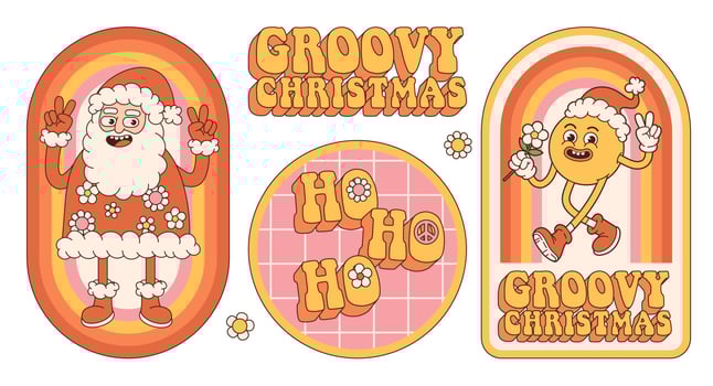 Groovy hippie Christmas stickers. Santa Claus, smile, rainbow in trendy retro cartoon style. vector