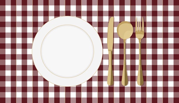 Checkered napkin with plate and gold cutlery. Thermal insulation mat. Vector illustration