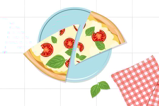 Triangle pizza pieces. Two slices of Margarita pizza on a blue plate and a red checkered napkin. Italian Cooking. Stove .Taking traditional Italian fast food snack. Flat vector illustration