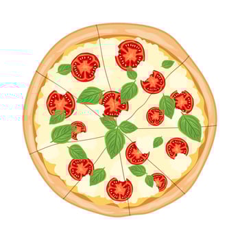 Pizza Margarita top view. Italian fast food. Italy snack with tomato, basil leaves and mozzarella cheese.Tasty meal, fast food icon. Flat vector illustration isolated on white background