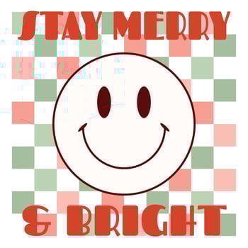 Cute happy face with smile, checkerboard pattern in festive winter color palette. Text Stay Merry and Bright. Cute Christmas groovy retro y2k hippie vector print
